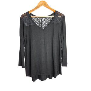 Cable & Gauge Black V-Neck Lace-Trimmed Long Sleeve Top Women Size XL